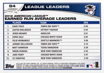 2013 Topps #94 2012 AL Earned Run Average Leaders (David Price / Justin Verlander / Jered Weaver) Back