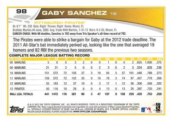 2013 Topps #98 Gaby Sanchez Back