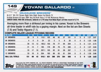 2013 Topps #149 Yovani Gallardo Back