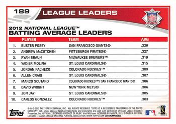 2013 Topps #189 2012 NL Batting Average Leaders (Buster Posey / Andrew McCutchen / Ryan Braun) Back