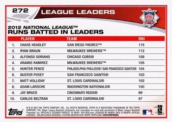 2013 Topps #272 2012 NL Runs Batted In Leaders (Chase Headley / Ryan Braun / Alfonso Soriano) Back