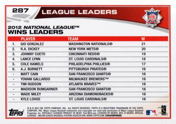 2013 Topps #287 2012 NL Wins Leaders (Gio Gonzalez / R.A. Dickey / Johnny Cueto) Back