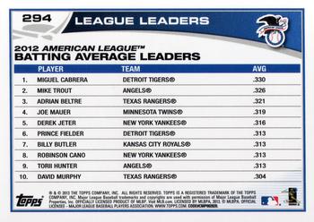 2013 Topps #294 2012 AL Batting Average Leaders (Miguel Cabrera / Mike Trout / Adrian Beltre) Back