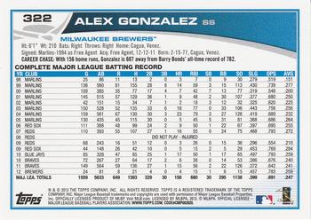 2013 Topps #322 Alex Gonzalez Back