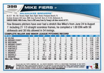 2013 Topps #398 Mike Fiers Back