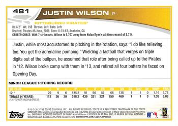 2013 Topps #481 Justin Wilson Back