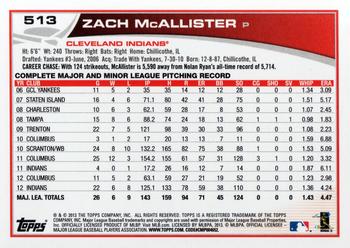 2013 Topps #513 Zach McAllister Back