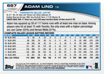 2013 Topps #557 Adam Lind Back