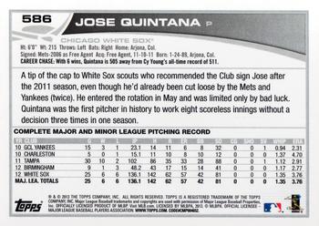 2013 Topps #586 Jose Quintana Back