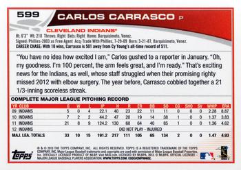 2013 Topps #599 Carlos Carrasco Back