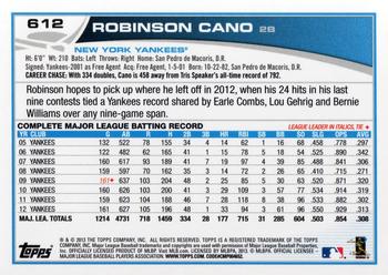 2013 Topps #612 Robinson Cano Back