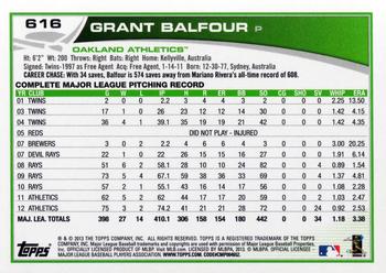2013 Topps #616 Grant Balfour Back