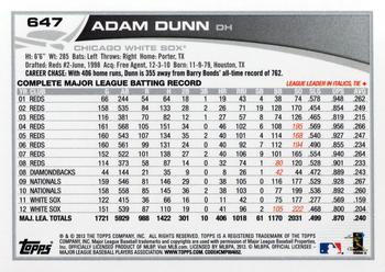 2013 Topps #647 Adam Dunn Back