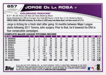 2013 Topps #657 Jorge De La Rosa Back