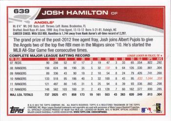 2013 Topps #639 Josh Hamilton Back
