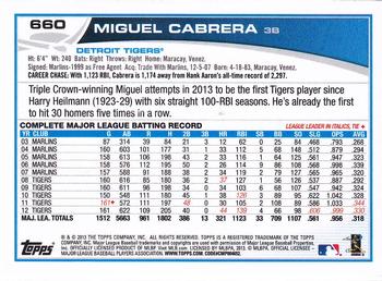 2013 Topps #660 Miguel Cabrera Back