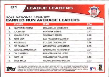 2013 Topps #81 2012 NL Earned Run Average Leaders (Clayton Kershaw / R.A. Dickey / Johnny Cueto) Back