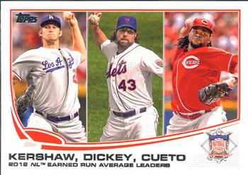 2013 Topps #81 2012 NL Earned Run Average Leaders (Clayton Kershaw / R.A. Dickey / Johnny Cueto) Front