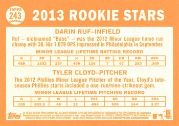 2013 Topps Heritage #243 Phillies Rookie Stars (Darin Ruf / Tyler Cloyd) Back
