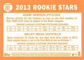2013 Topps Heritage #281 Yankees Rookie Stars (Adam Warren / Melky Mesa) Back