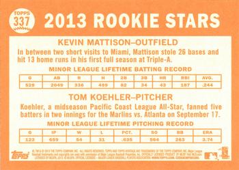 2013 Topps Heritage #337 Marlins Rookie Stars (Kevin Mattison / Tom Koehler) Back