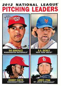2013 Topps Heritage #3 National League Pitching Leaders (Gio Gonzalez / R.A. Dickey / Johnny Cueto / Lance Lynn) Front