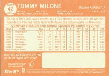2013 Topps Heritage #42 Tommy Milone Back