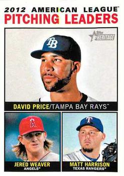 2013 Topps Heritage #4 American League Pitching Leaders (David Price / Jered Weaver / Matt Harrison) Front