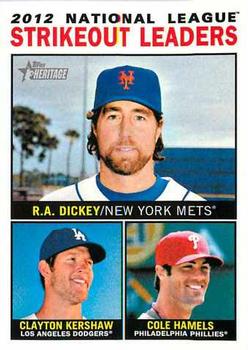 2013 Topps Heritage #5 National League Strikeout Leaders (R.A. Dickey / Clayton Kershaw / Cole Hamels) Front