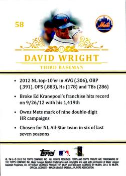 2013 Topps Tribute #58 David Wright Back
