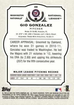 2013 Topps Museum Collection #49 Gio Gonzalez Back