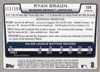 2012 Bowman Chrome - Blue Refractors #174 Ryan Braun Back