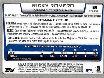 2012 Bowman Chrome - Green Refractors #165 Ricky Romero Back