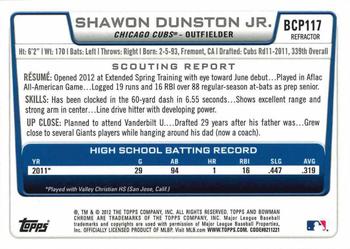 2012 Bowman Chrome - Prospects Green Refractors #BCP117 Shawon Dunston Jr. Back