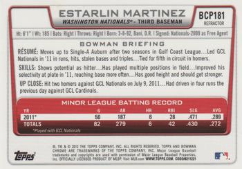 2012 Bowman Chrome - Prospects Green Refractors #BCP181 Estarlin Martinez Back