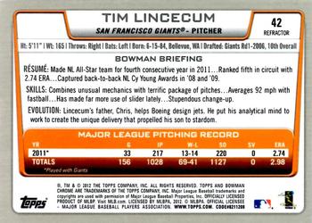 2012 Bowman Chrome - Refractors #42 Tim Lincecum Back