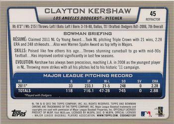 2012 Bowman Chrome - Refractors #45 Clayton Kershaw Back