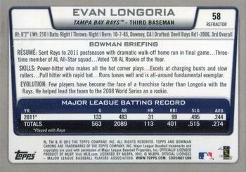 2012 Bowman Chrome - Refractors #58 Evan Longoria Back