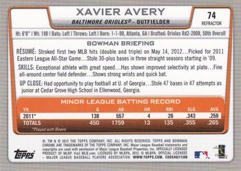 2012 Bowman Chrome - Refractors #74 Xavier Avery Back