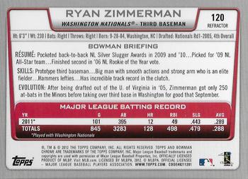 2012 Bowman Chrome - Refractors #120 Ryan Zimmerman Back