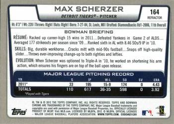 2012 Bowman Chrome - Refractors #164 Max Scherzer Back
