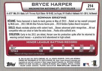 2012 Bowman Chrome - Refractors #214 Bryce Harper Back