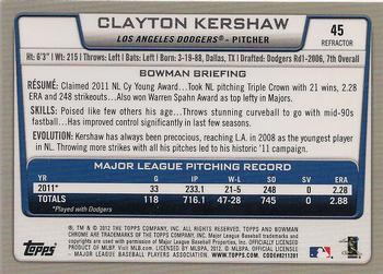 2012 Bowman Chrome - X-Fractors #45 Clayton Kershaw Back