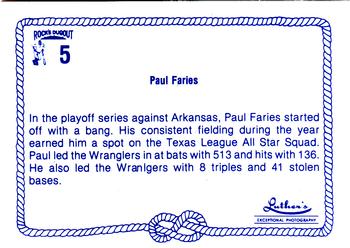 1989 Rock's Dugout Wichita Wranglers #5 Paul Faries Back