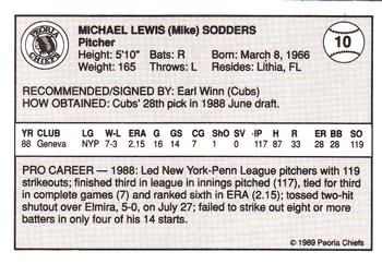 1989 Peoria Chiefs #10 Mike Sodders Back