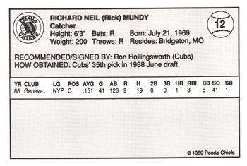 1989 Peoria Chiefs #12 Rick Mundy Back
