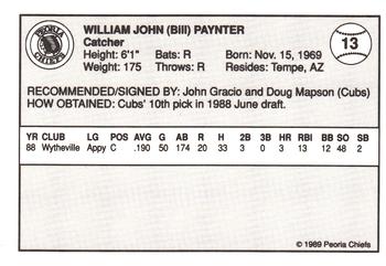 1989 Peoria Chiefs #13 Billy Paynter Back