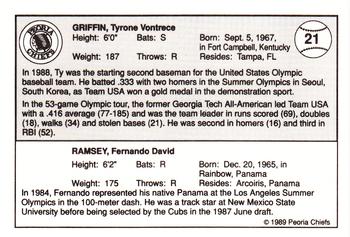 1989 Peoria Chiefs #21 Olympic Stars (Fernando Ramsey / Ty Griffin) Back