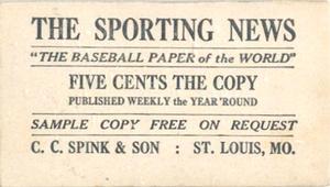 1916 Sporting News (M101-4) #100 Jimmy Lavender Back