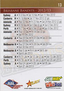 2012-13 Select Australian Baseball League #13 Brisbane Bandits Logo Back